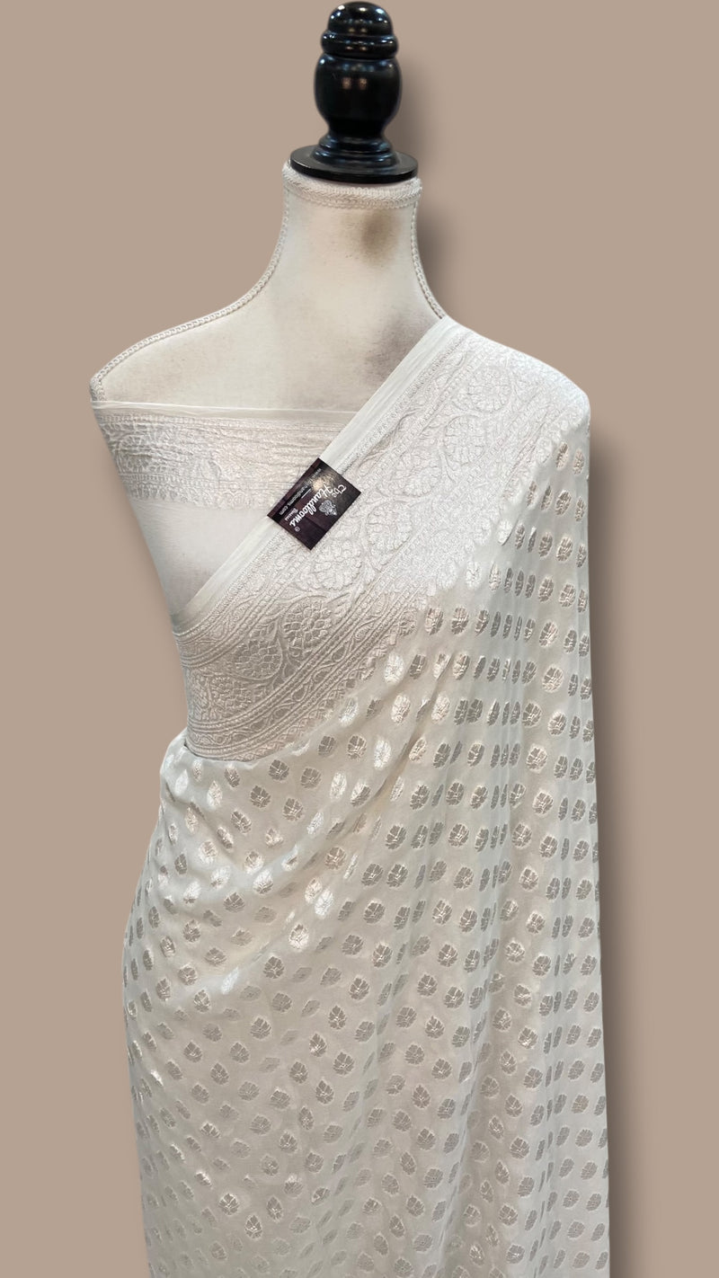 White Pure Khaddi Georgette Handloom Banarasi Saree - The Handlooms