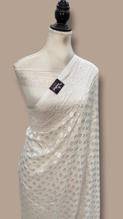 White Pure Khaddi Georgette Handloom Banarasi Saree - The Handlooms