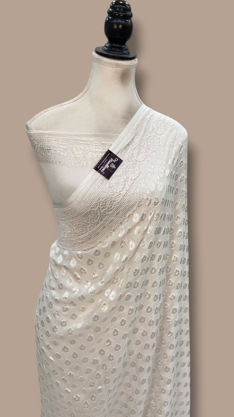 White Pure Khaddi Georgette Handloom Banarasi Saree - The Handlooms