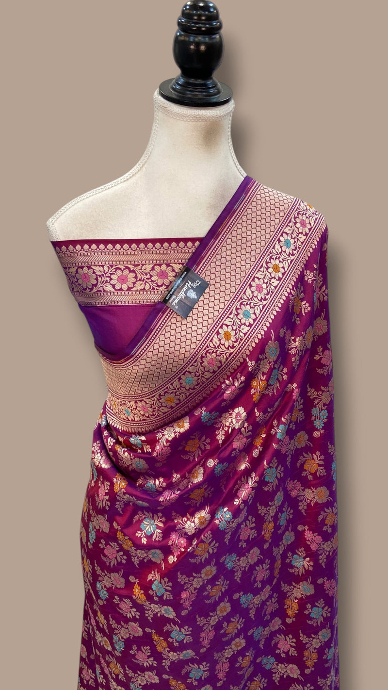 Pure Katan Silk Banarasi Handloom Saree - All Over Jaal Work With Meenakari
