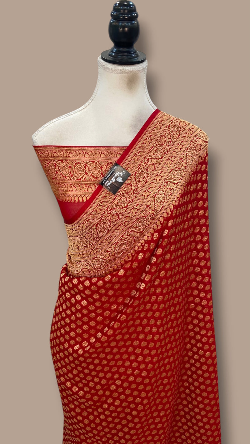 Red Khaddi Georgette Banarasi Saree -  Gold zari