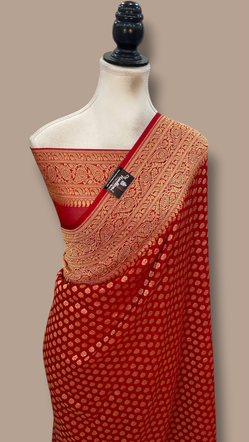 Red Khaddi Georgette Banarasi Saree -  Gold zari