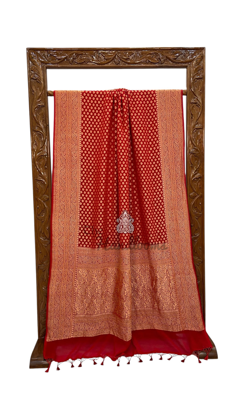 Red Khaddi Georgette Banarasi Saree -  Gold zari