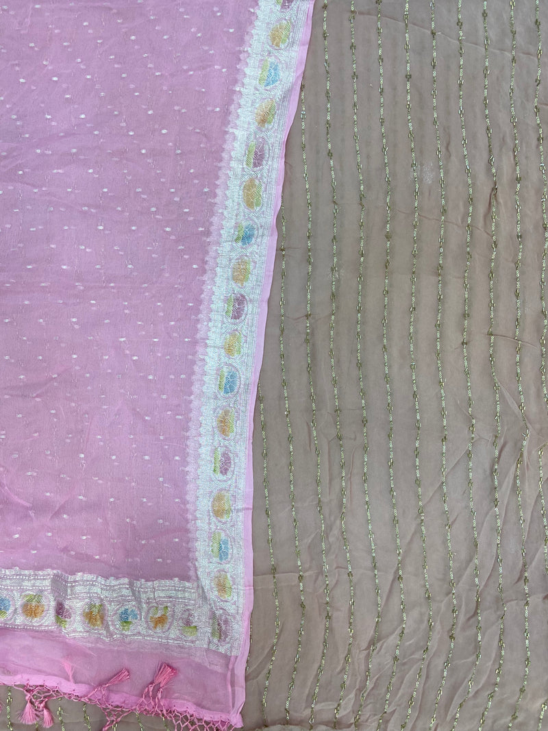 Georgette Handwork Suit with Khaddi Chiffon Dupatta & Pure Crepe Silk Bottom - The Handlooms