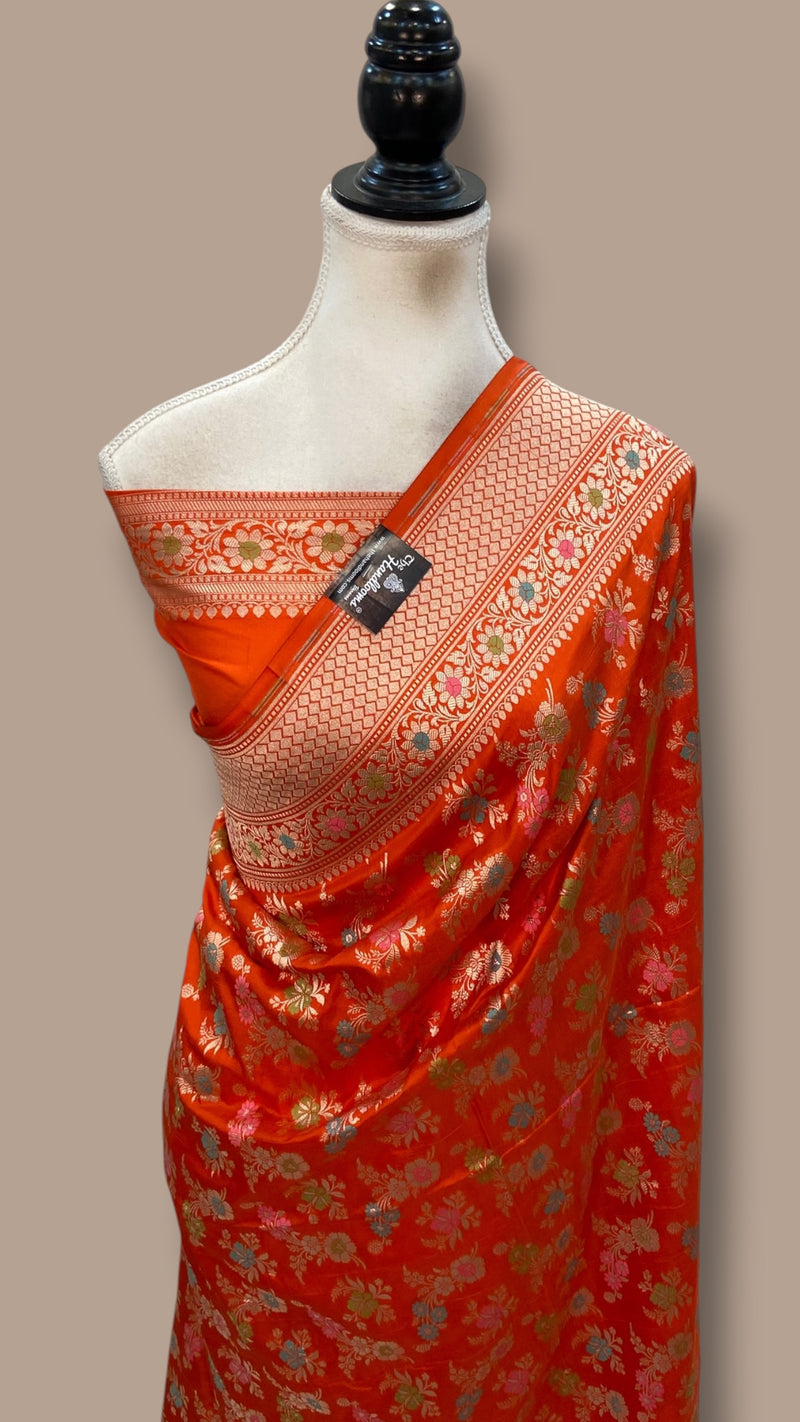 Pure Katan Silk Banarasi Handloom Saree - All Over Jaal Work With Meenakari