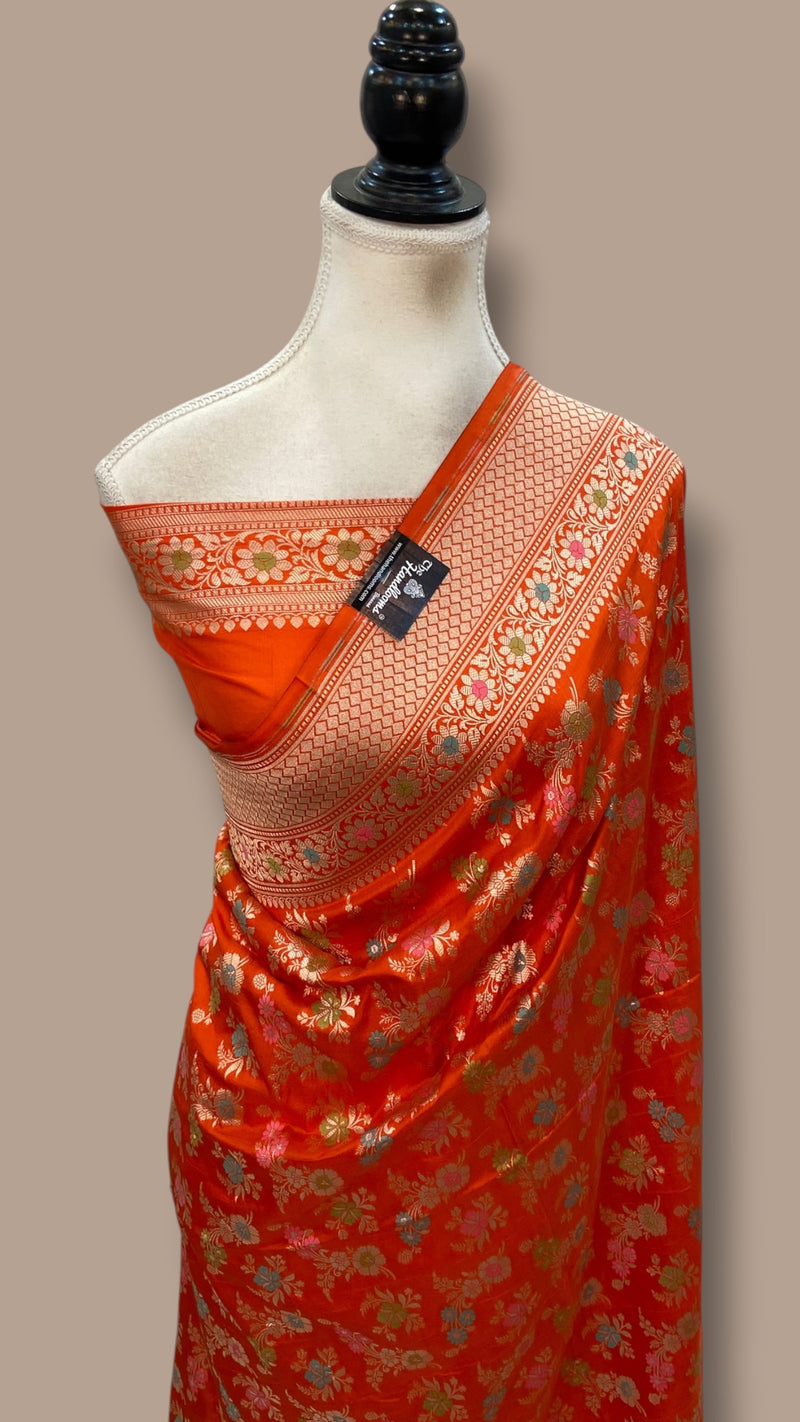 Pure Katan Silk Banarasi Handloom Saree - All Over Jaal Work With Meenakari