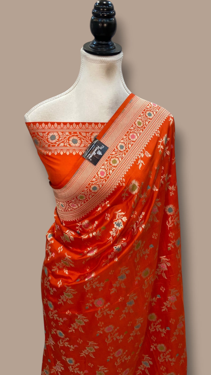 Pure Katan Silk Banarasi Handloom Saree - All Over Jaal Work With Meenakari