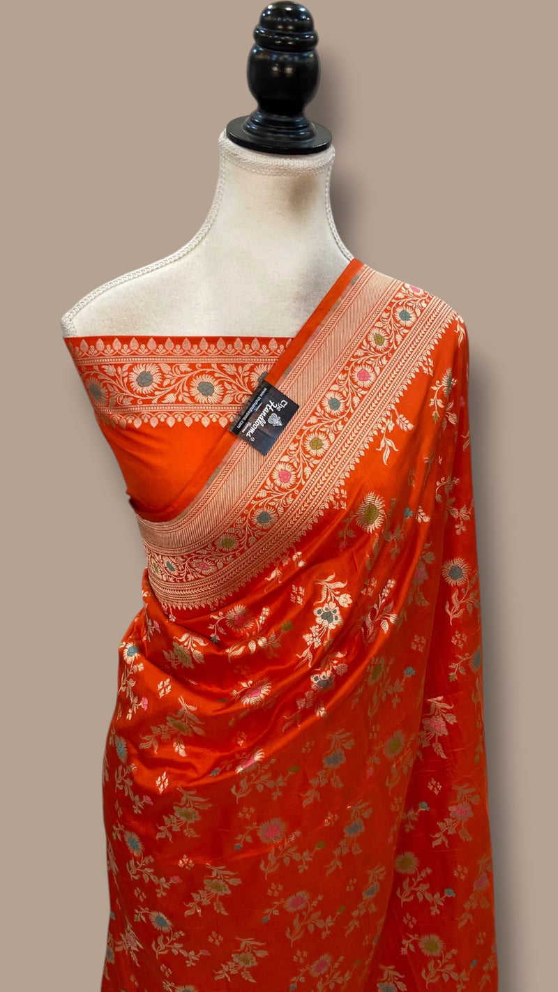 Pure Katan Silk Banarasi Handloom Saree - All Over Jaal Work With Meenakari