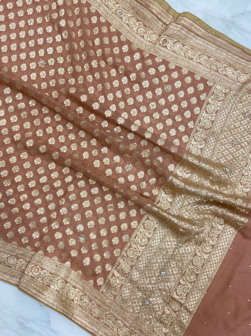 Pure Khaddi Georgette Handloom Dupatta With Zardosi Handwork - The Handlooms