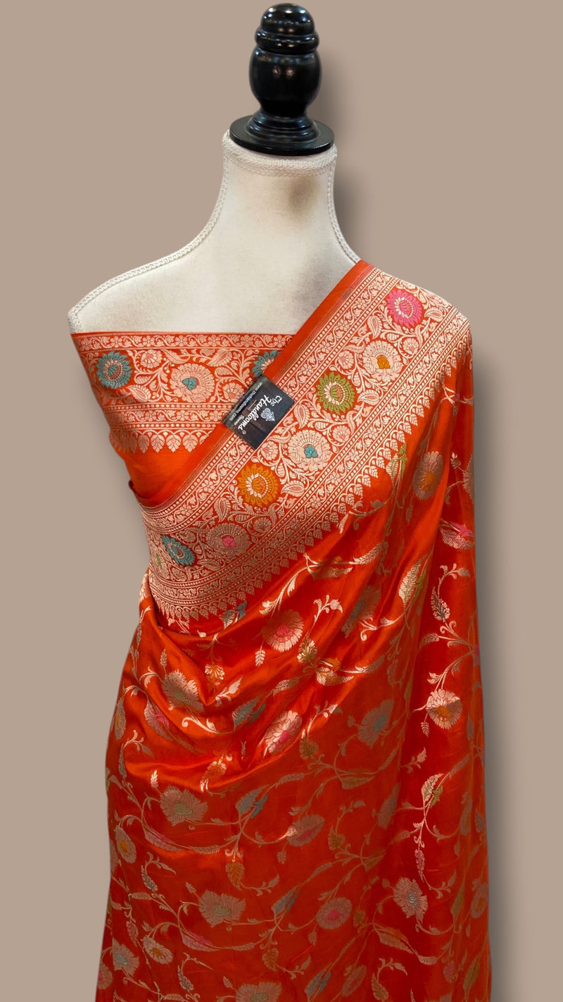 Pure Katan Silk Banarasi Handloom Saree - All Over Jaal Work With Meenakari