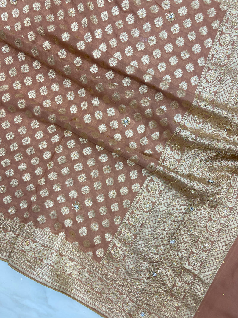 Pure Khaddi Georgette Handloom Dupatta With Zardosi Handwork - The Handlooms