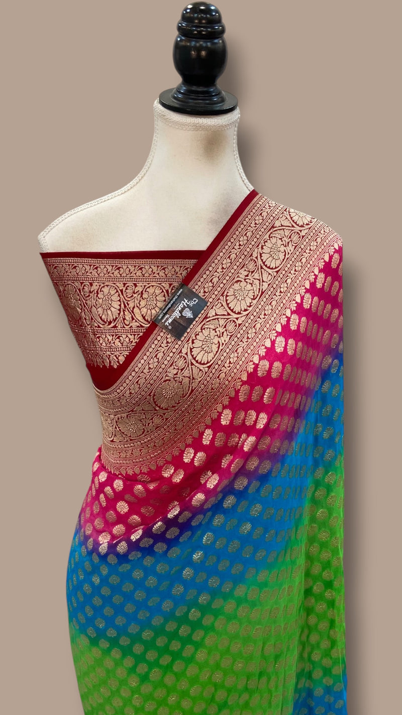 Multicolour Pure Khaddi Georgette Handloom Banarasi Saree