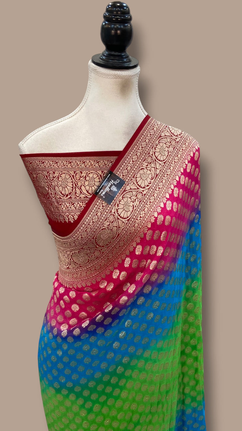Multicolour Pure Khaddi Georgette Handloom Banarasi Saree