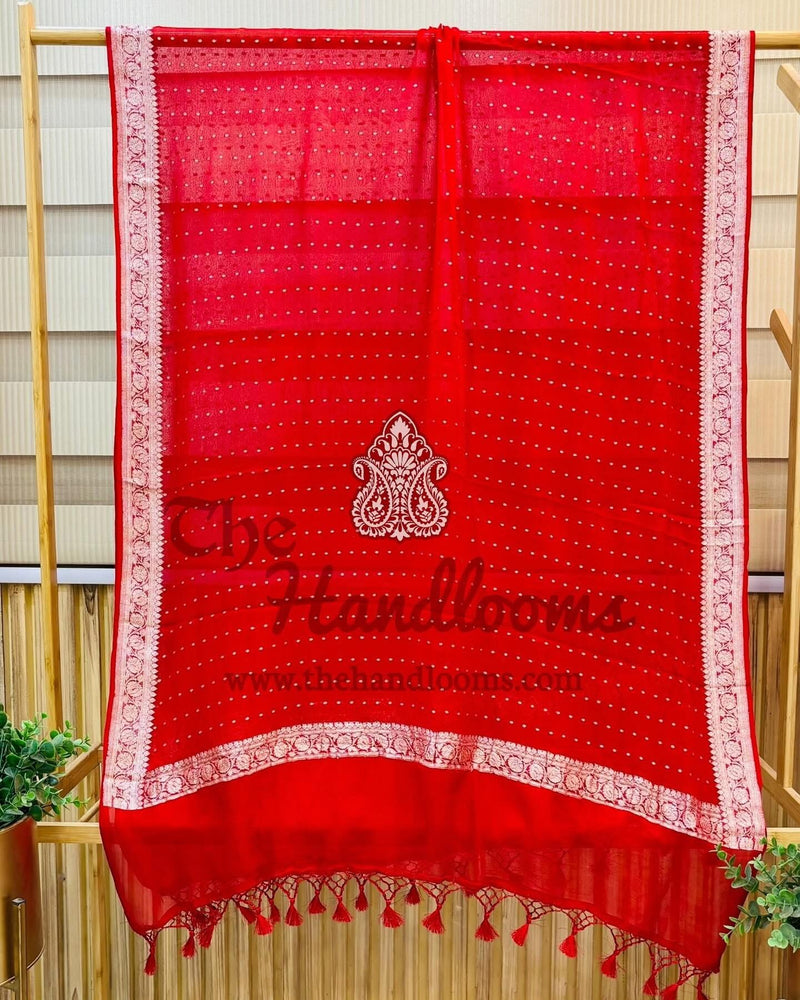 Pure Khaddi Georgette Dupatta - Red silver zari - The Handlooms