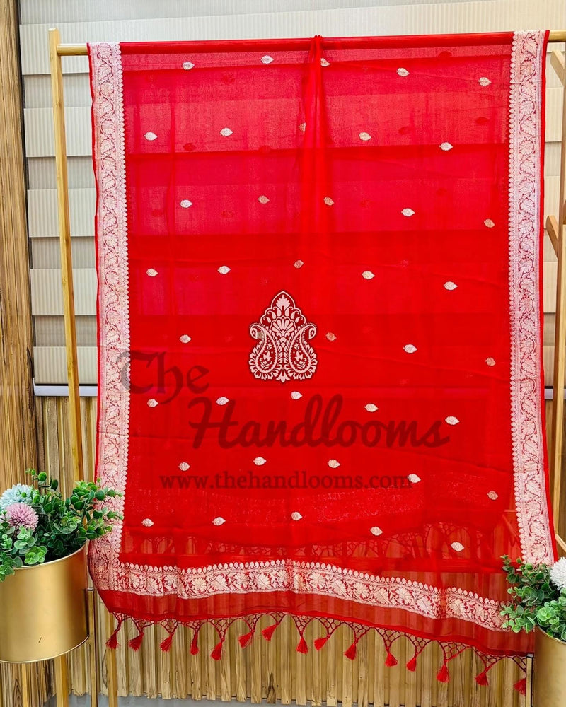 Pure Khaddi Georgette Dupatta - Red silver zari - The Handlooms