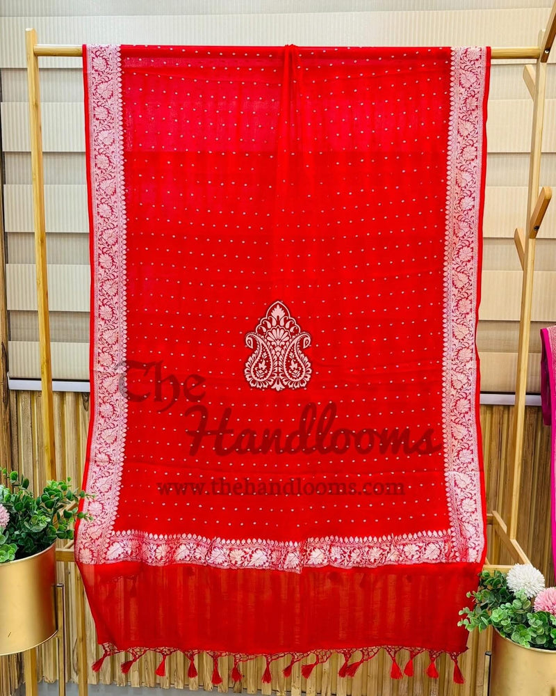 Pure Khaddi Georgette Dupatta - Red silver zari - The Handlooms