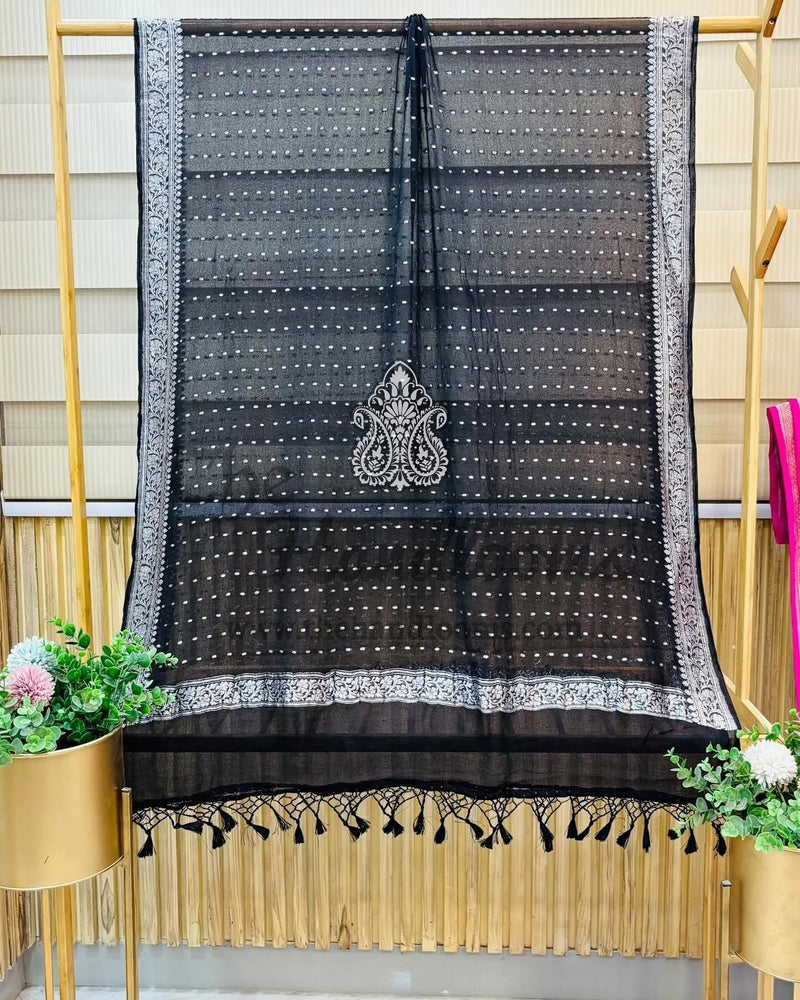 Pure Khaddi Georgette Dupatta - Black silver zari - The Handlooms