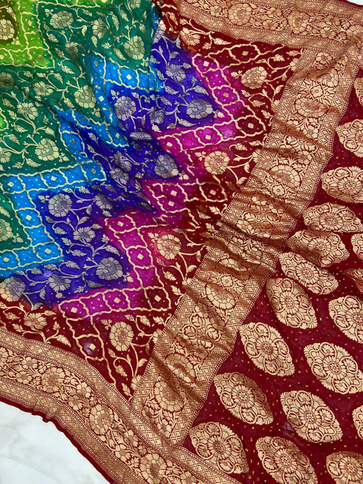 Pure Georgette Banarasi Bandhej Handloom Saree Multi shade