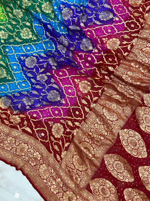 Pure Georgette Banarasi Bandhej Handloom Saree Multi shade