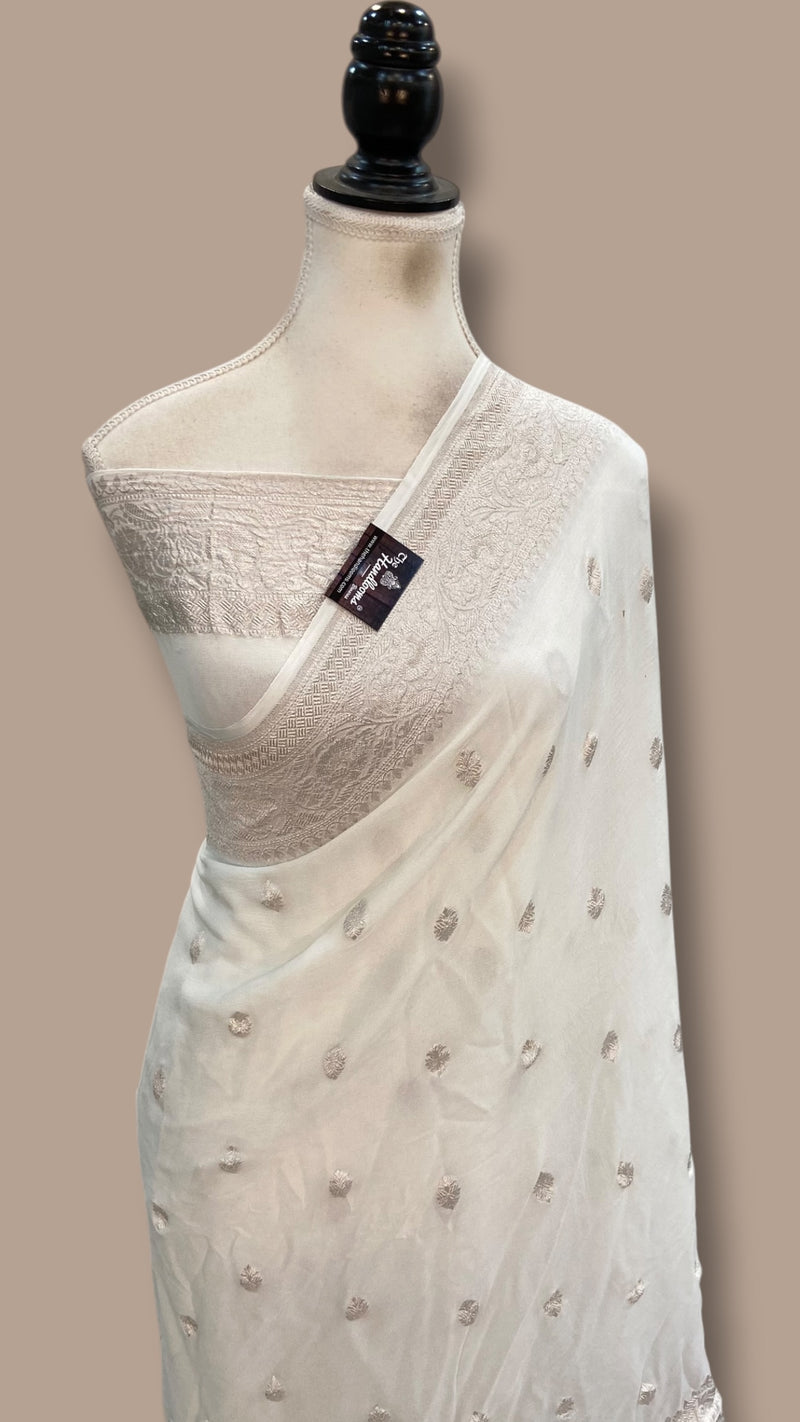 Pure Georgette Banarasi Handloom Saree - Silver Zari - The Handlooms