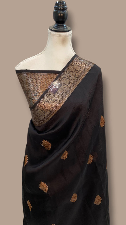 Black Pure Kora Silk Handloom Banarasi Saree - The Handlooms