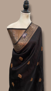 Black Pure Kora Silk Handloom Banarasi Saree - The Handlooms