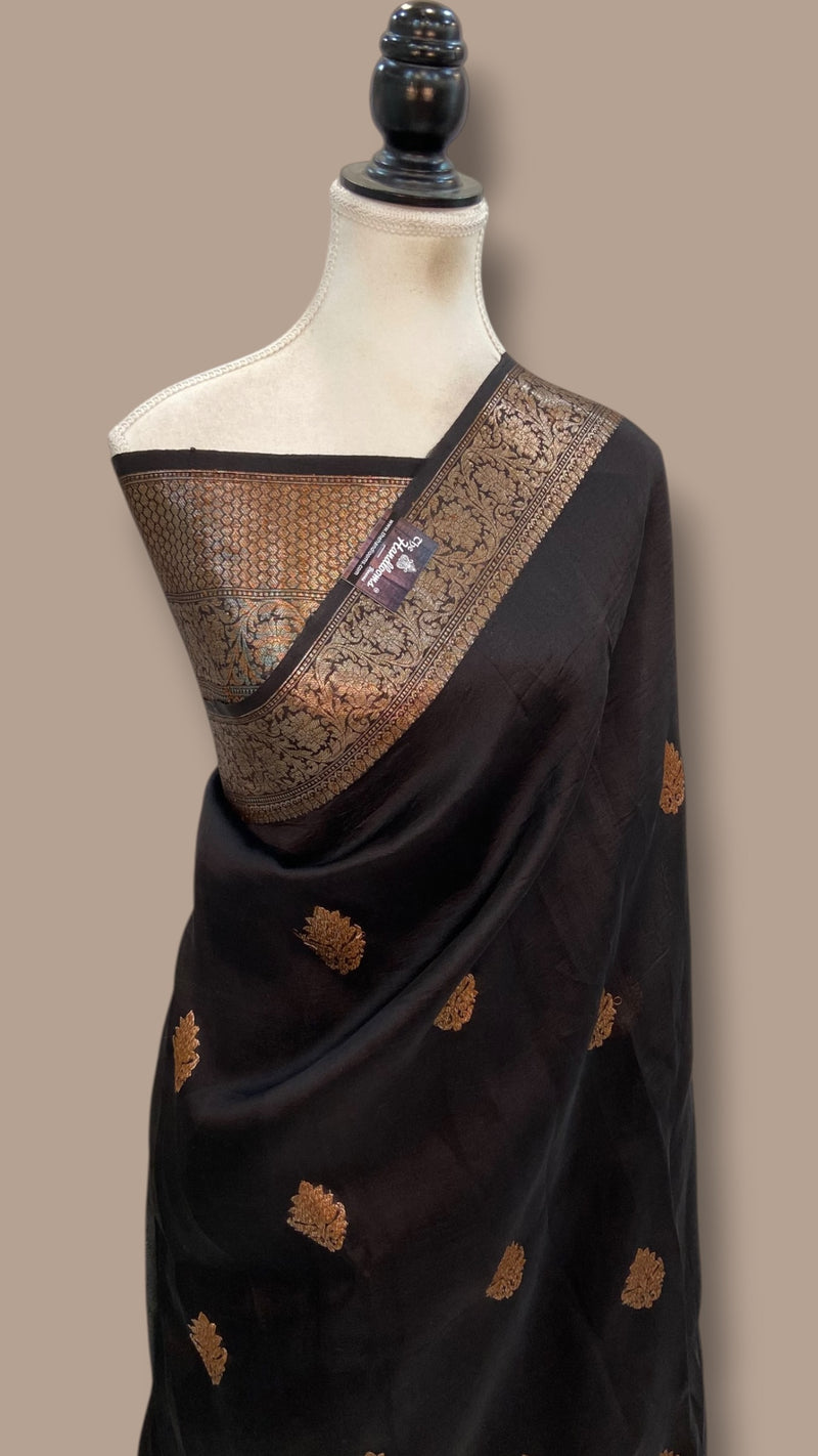 Black Pure Kora Silk Handloom Banarasi Saree - The Handlooms