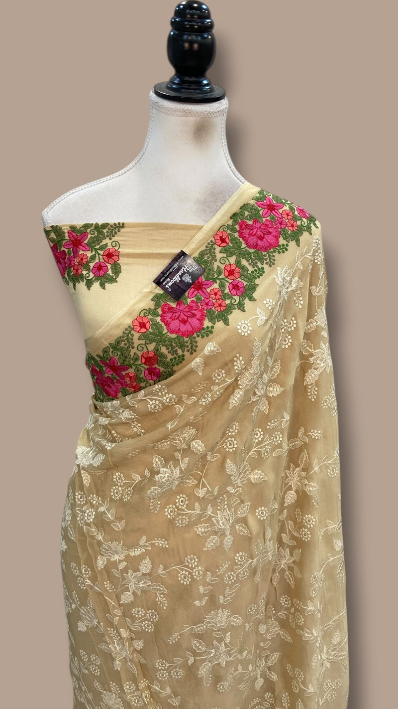 Pure Georgette Chikankari Handloom Banarasi Saree - The Handlooms