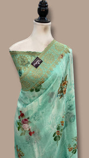 Pure Georgette Handloom Banarasi Saree - Chikanka With Digital Print - The Handlooms