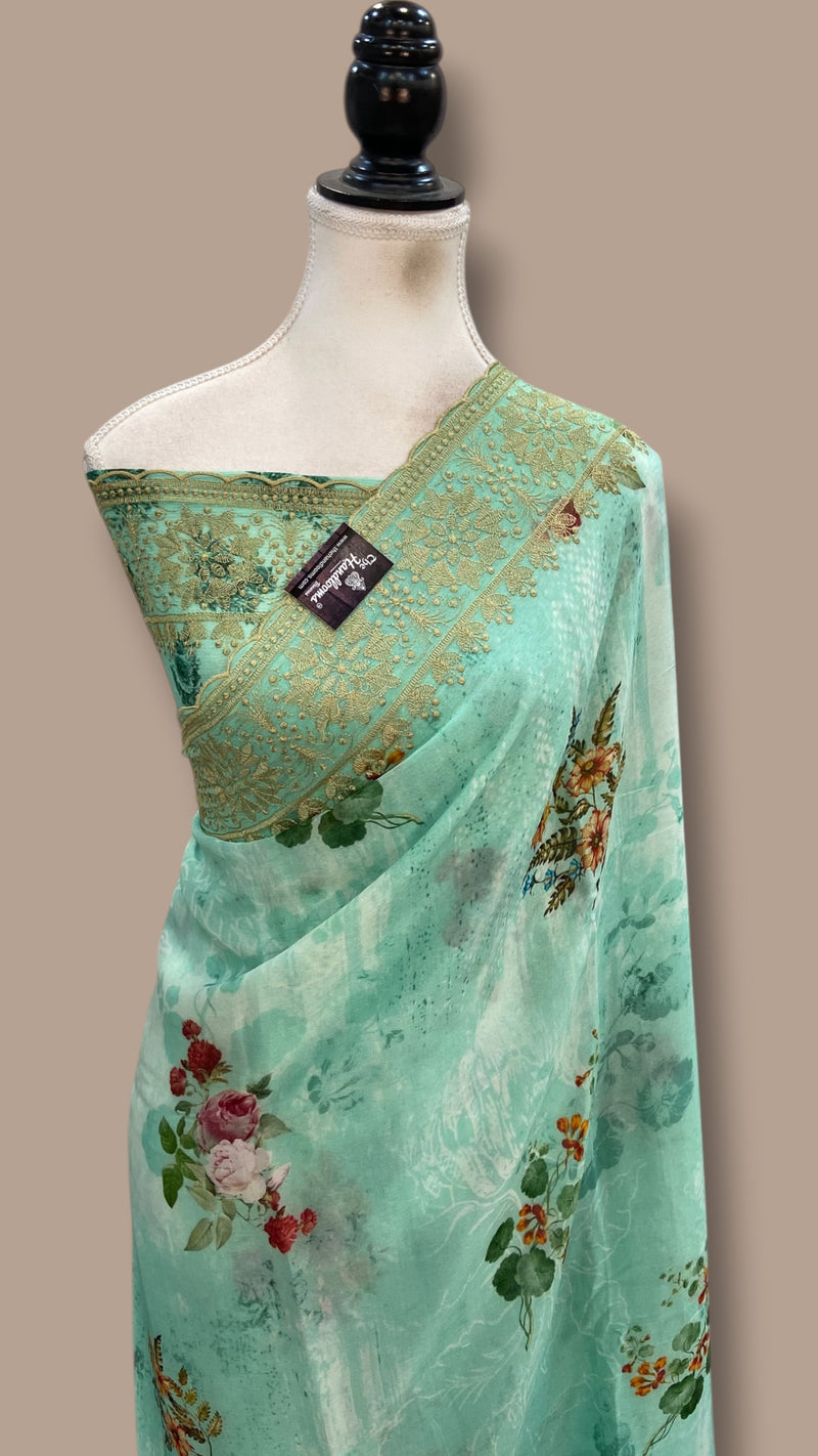 Pure Georgette Handloom Banarasi Saree - Chikanka With Digital Print - The Handlooms