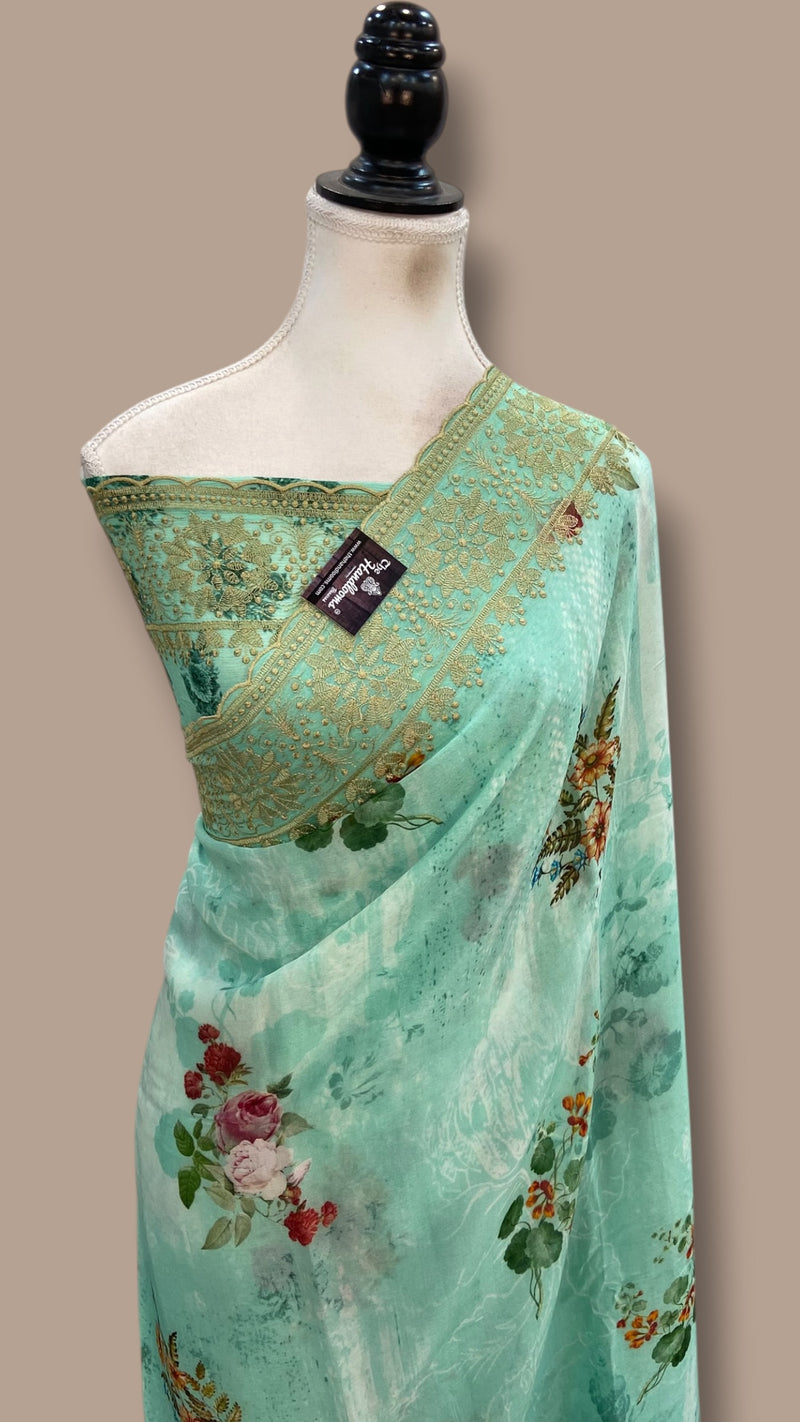 Pure Georgette Handloom Banarasi Saree - Chikanka With Digital Print - The Handlooms
