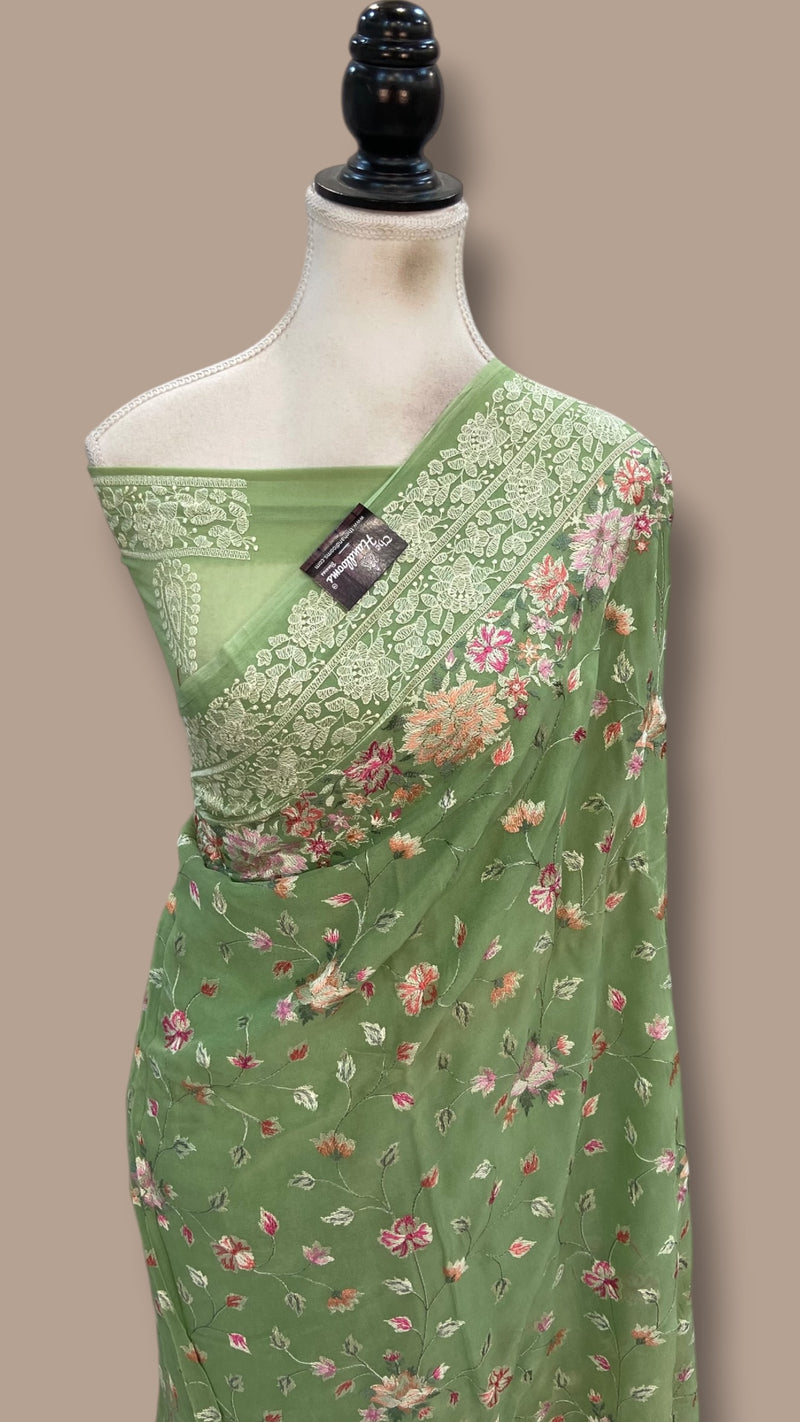 Pure Georgette Chikankari Handloom Banarasi Saree - The Handlooms