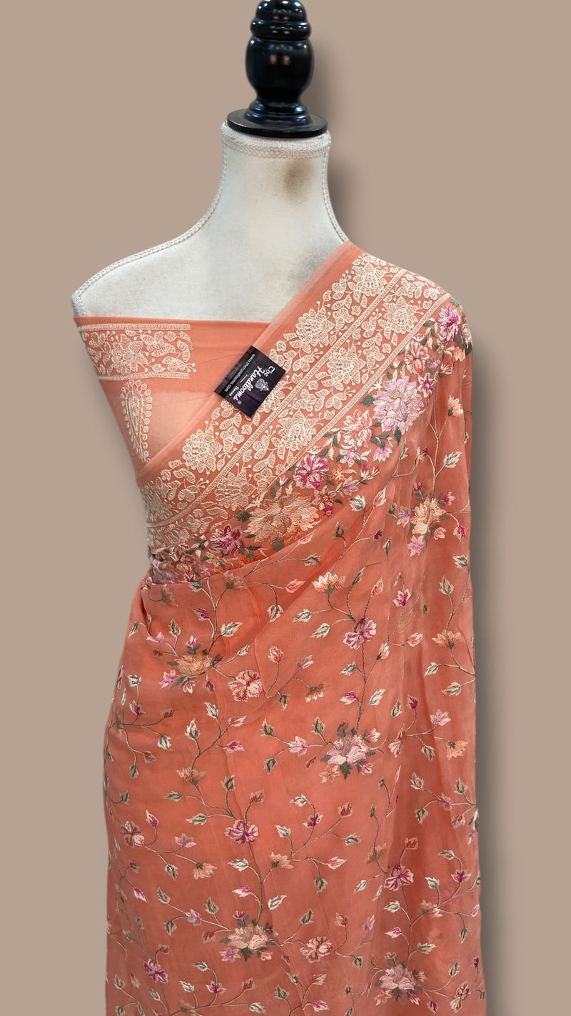 Pure Georgette Chikankari Handloom Banarasi Saree - The Handlooms