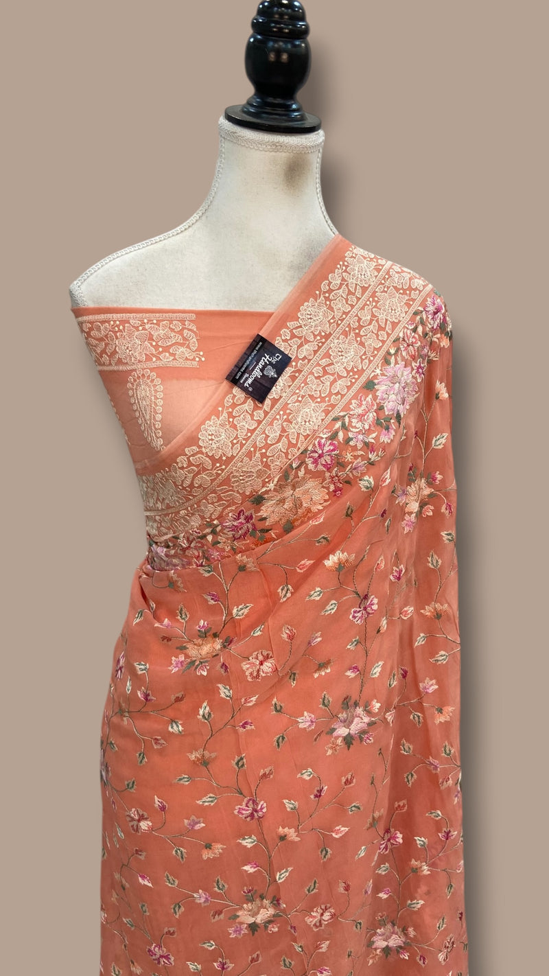 Pure Georgette Chikankari Handloom Banarasi Saree - The Handlooms