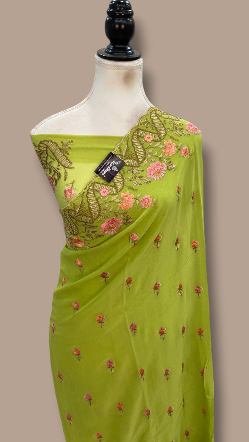 Pure Georgette Chikankari Handloom Banarasi Saree - The Handlooms