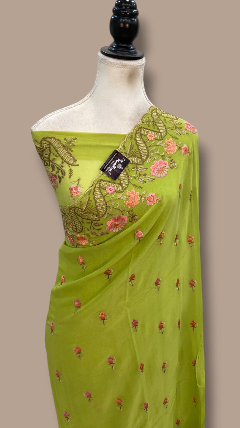 Pure Georgette Chikankari Handloom Banarasi Saree - The Handlooms