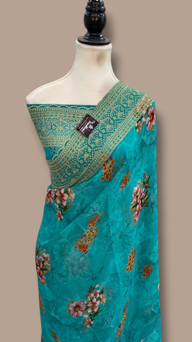 Pure Georgette Handloom Banarasi Saree - Chikanka With Digital Print - The Handlooms