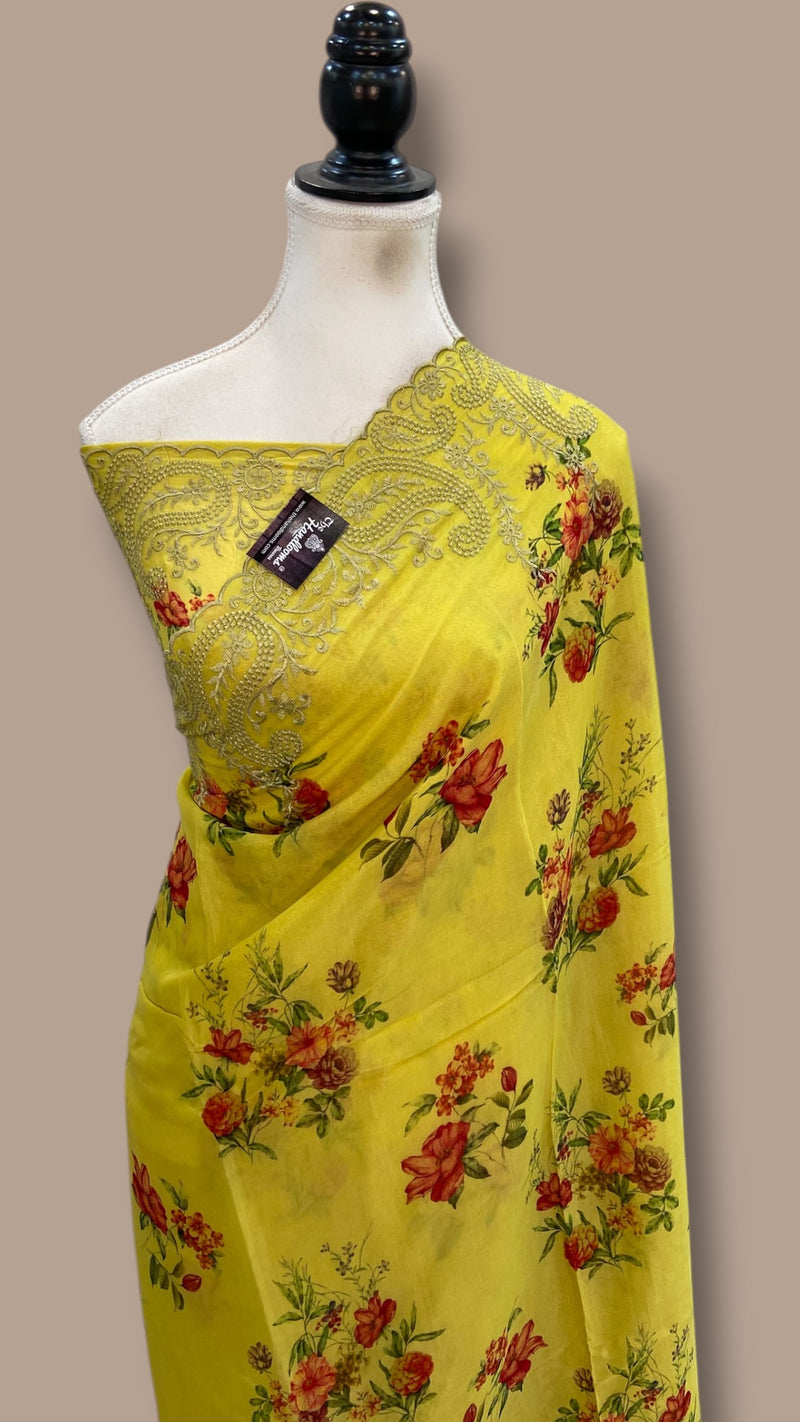 Pure Georgette Handloom Banarasi Saree - Chikanka With Digital Print - The Handlooms