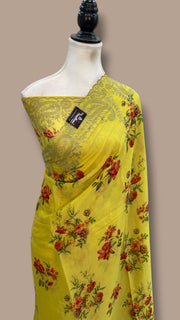 Pure Georgette Handloom Banarasi Saree - Chikanka With Digital Print - The Handlooms