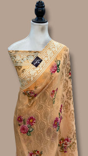 Pure Georgette Handloom Banarasi Saree - Chikanka With Digital Print - The Handlooms