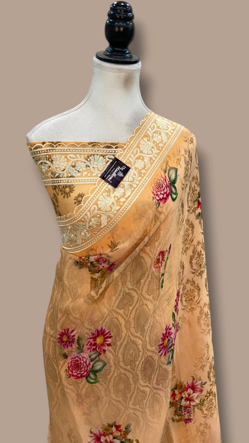 Pure Georgette Handloom Banarasi Saree - Chikanka With Digital Print - The Handlooms