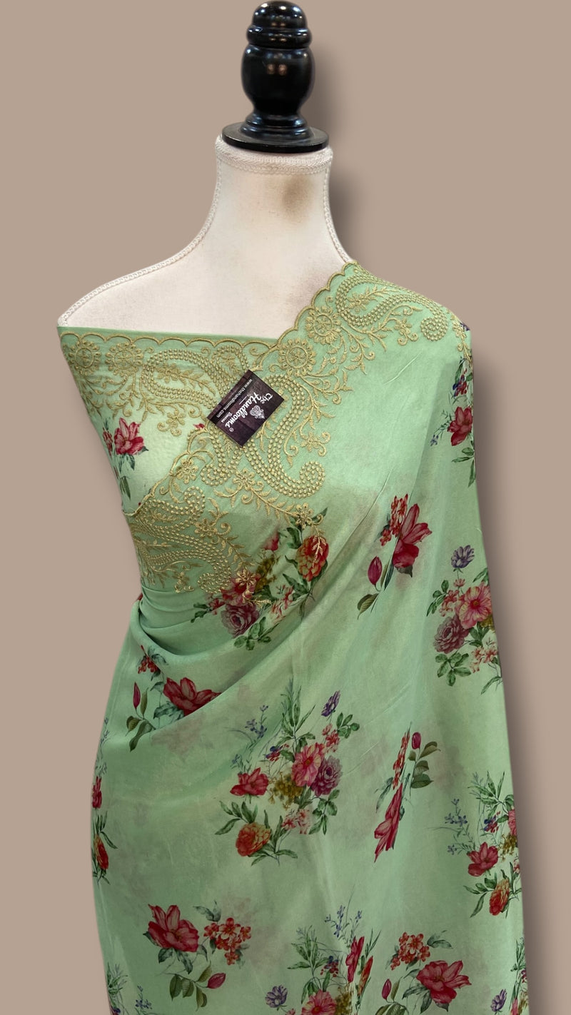 Pure Georgette Handloom Banarasi Saree - Chikanka With Digital Print - The Handlooms