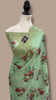 Pure Georgette Handloom Banarasi Saree - Chikanka With Digital Print - The Handlooms