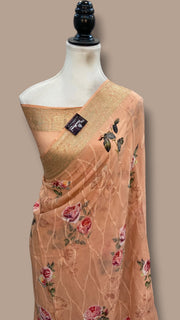 Pure Georgette Handloom Banarasi Saree - Chikanka With Digital Print - The Handlooms