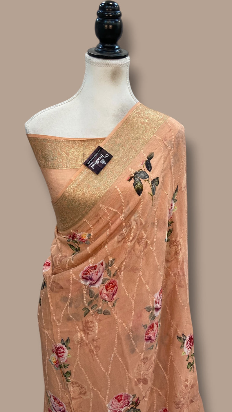 Pure Georgette Handloom Banarasi Saree - Chikanka With Digital Print - The Handlooms