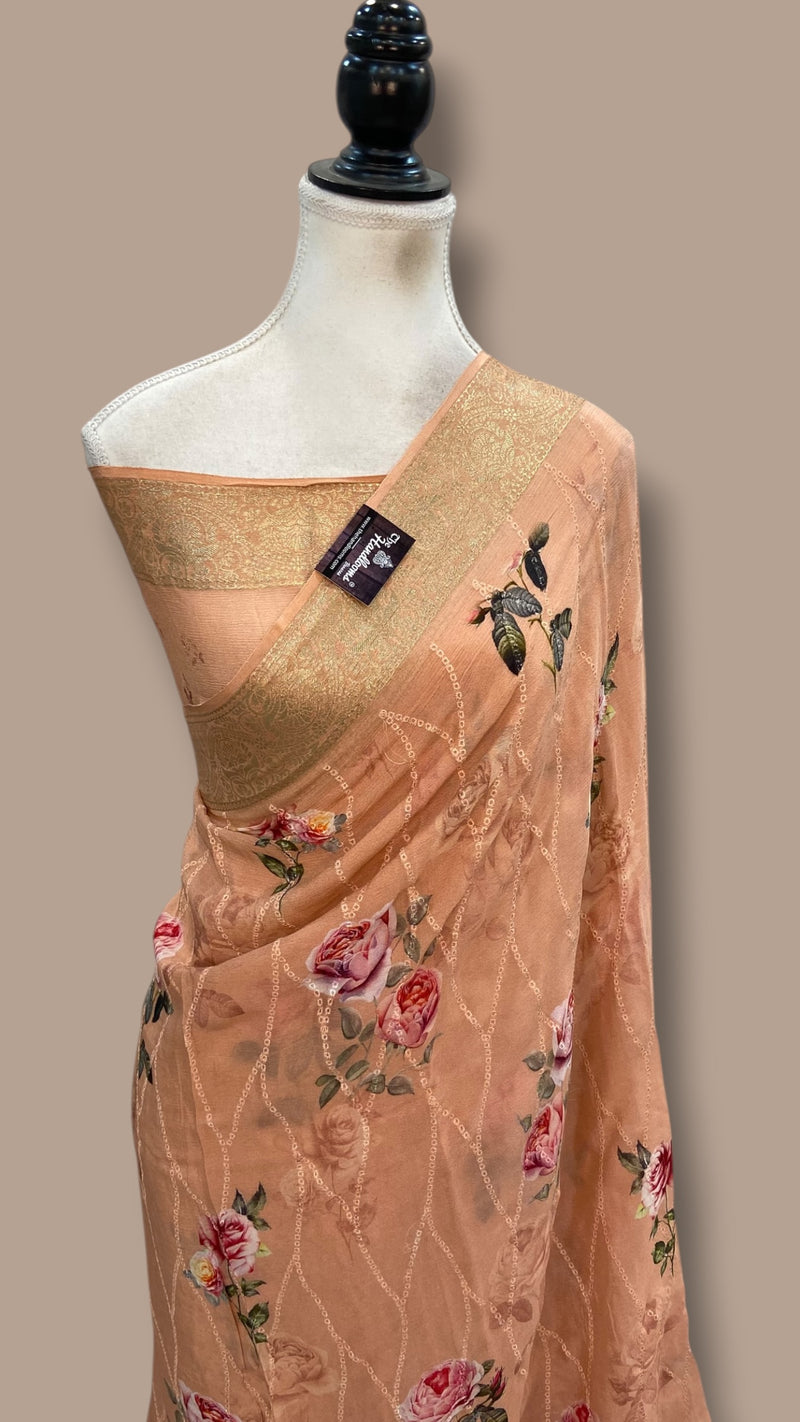 Pure Georgette Handloom Banarasi Saree - Chikanka With Digital Print - The Handlooms