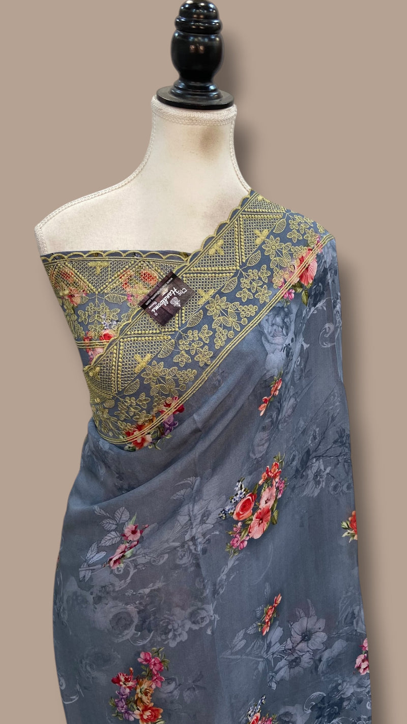 Pure Georgette Handloom Banarasi Saree - Chikanka With Digital Print - The Handlooms