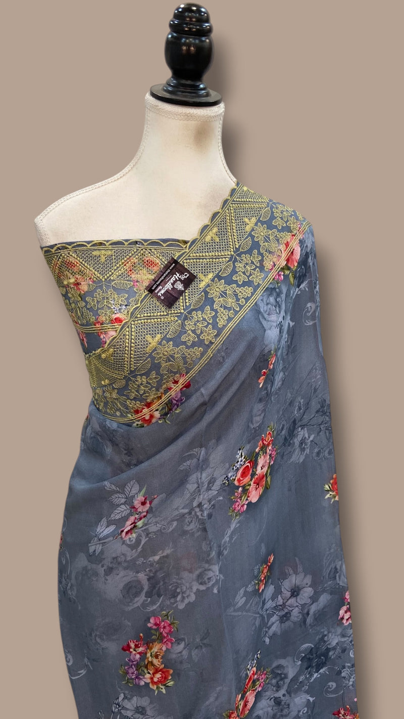 Pure Georgette Handloom Banarasi Saree - Chikanka With Digital Print - The Handlooms