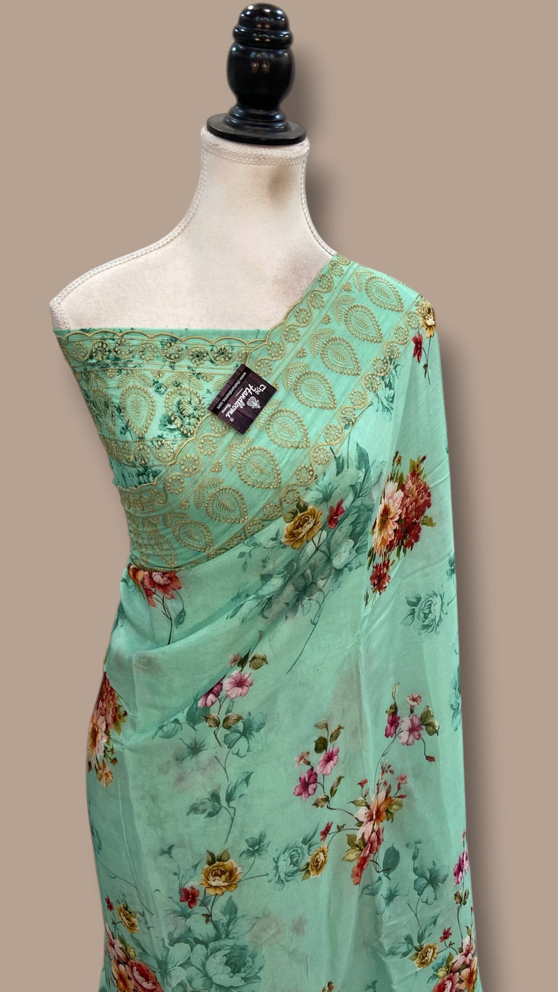 Pure Georgette Handloom Banarasi Saree - Chikanka With Digital Print - The Handlooms