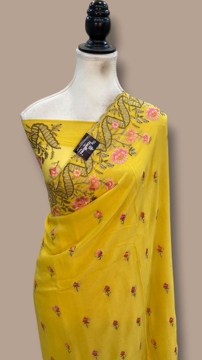 Pure Georgette Chikankari Handloom Banarasi Saree - The Handlooms